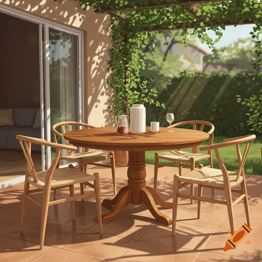 A round wooden dining table with wishbone chairs on a tiled patio, shaded by a leafy pergola, in bright sunlight.