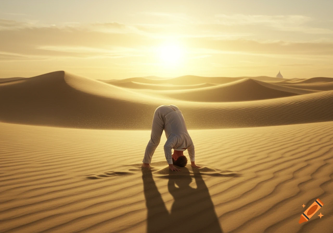 A person with their head buried in the sand in a vast desert at sunset, casting a long shadow.