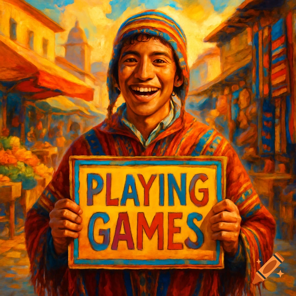A smiling man in a colorful hat and poncho holds a sign that says 'PLAYING GAMES' in an impressionistic painting style.