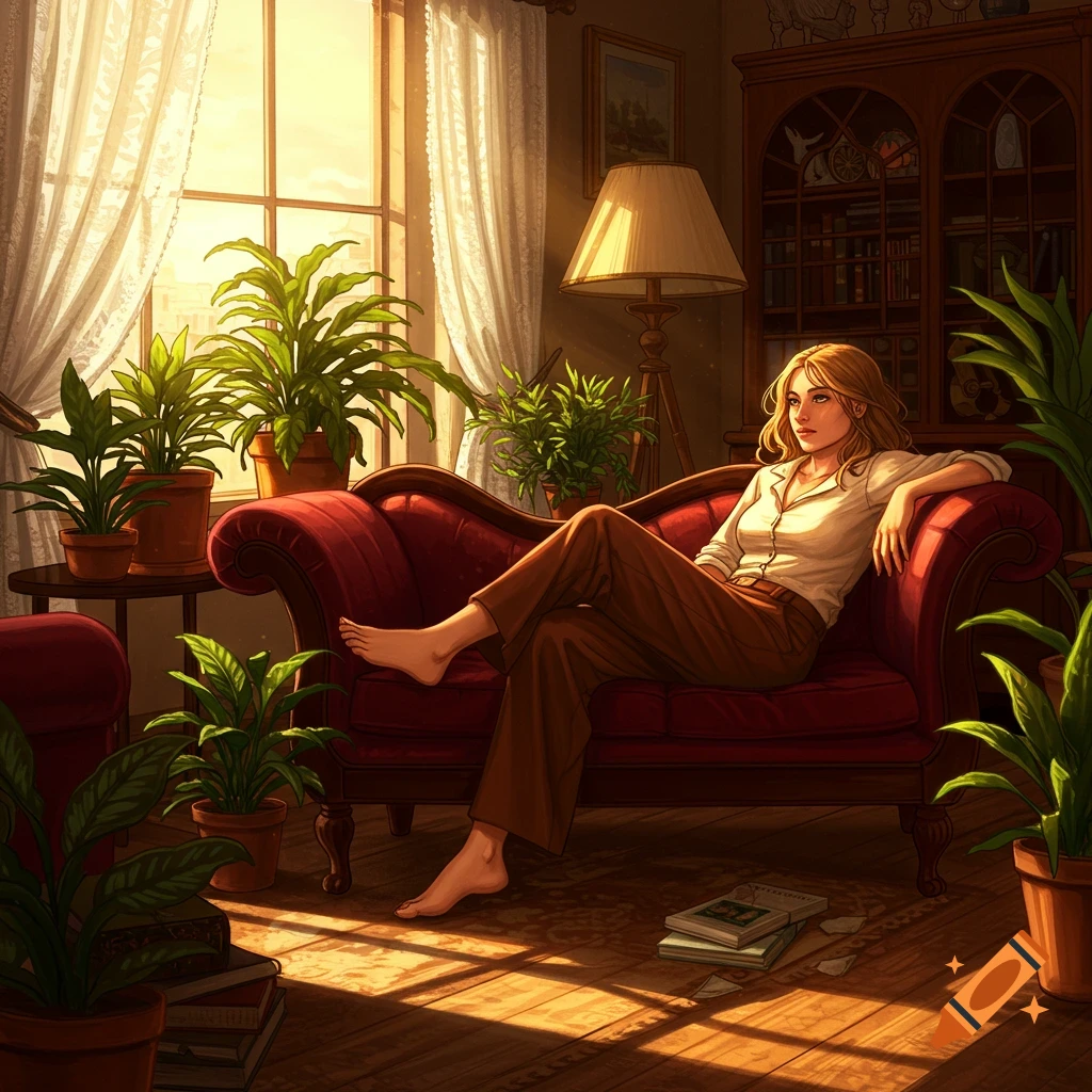 An illustrated woman relaxes barefoot on a red velvet chaise lounge in a sunlit room filled with potted plants.