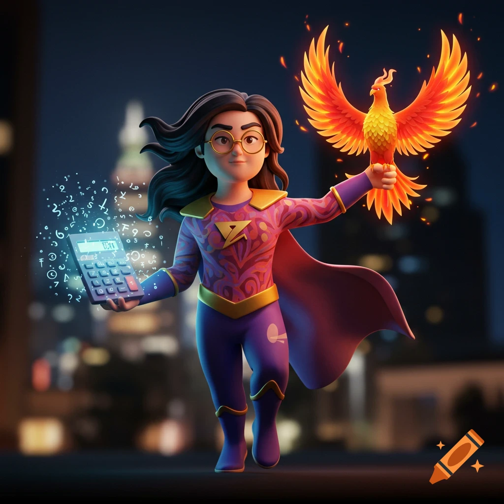 A 3D cartoon superhero with glasses and a purple and pink suit holds a glowing calculator and a fiery phoenix. Floating numbers surround the calculator, with a city blurred in the background.