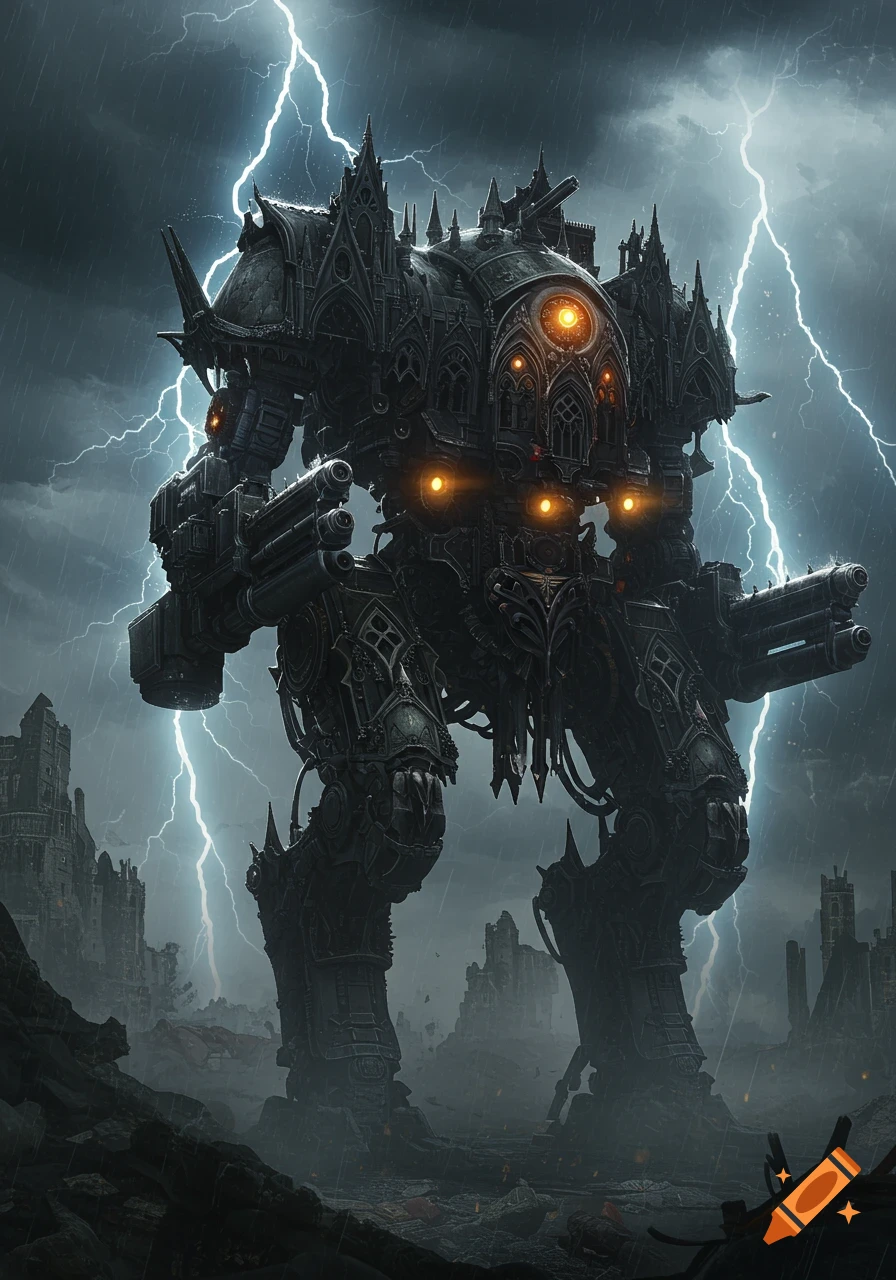 A towering, ornate gothic battlemech with glowing lights stands in a ruined city under a stormy, lightning-filled sky.