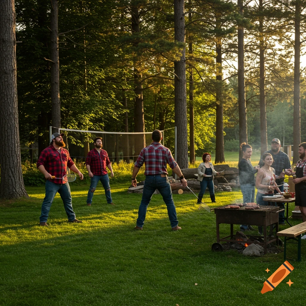 People playing badminton and grilling food in a sunny forest clearing.