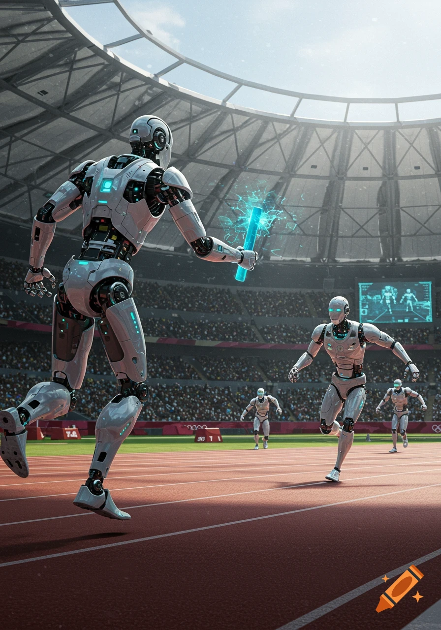 Photorealistic image of robots competing in a relay race inside a large stadium, with one robot passing a glowing blue baton.