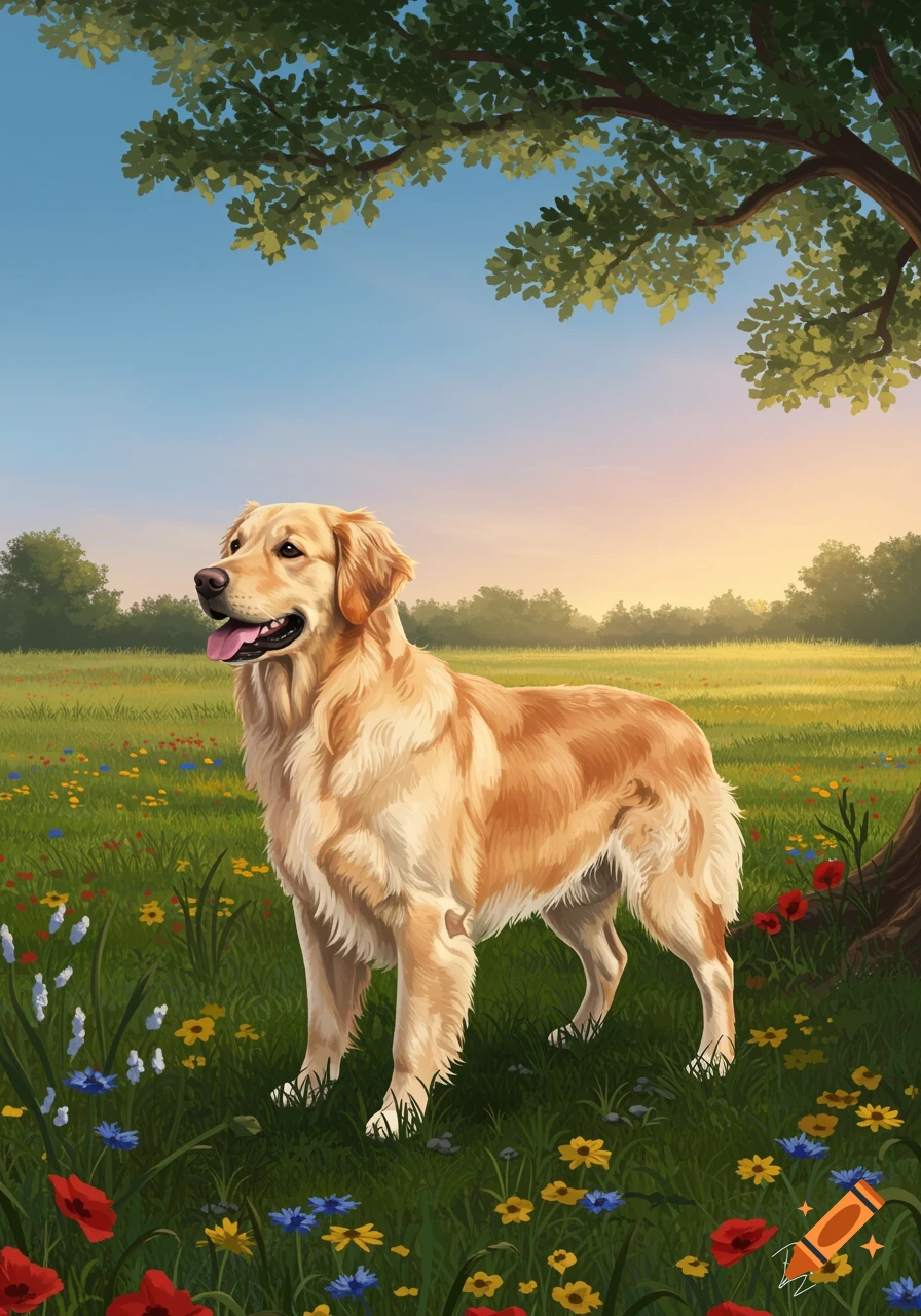 A golden retriever stands in a field of wildflowers under a tree at sunrise.