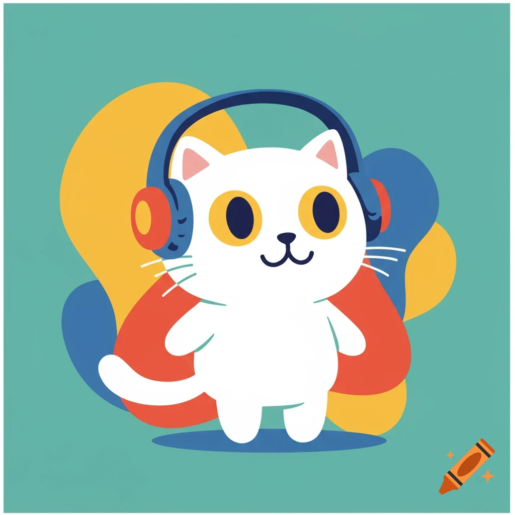 Cartoon white cat wearing blue headphones, standing in front of abstract colorful shapes on a teal background in a mascot design style.
