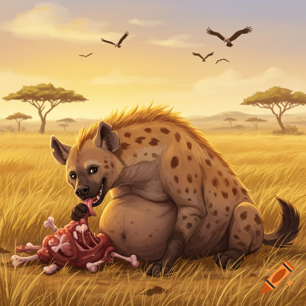A cartoon hyena with a large belly eats raw meat and bones in a savanna landscape at sunset, with vultures flying overhead.
