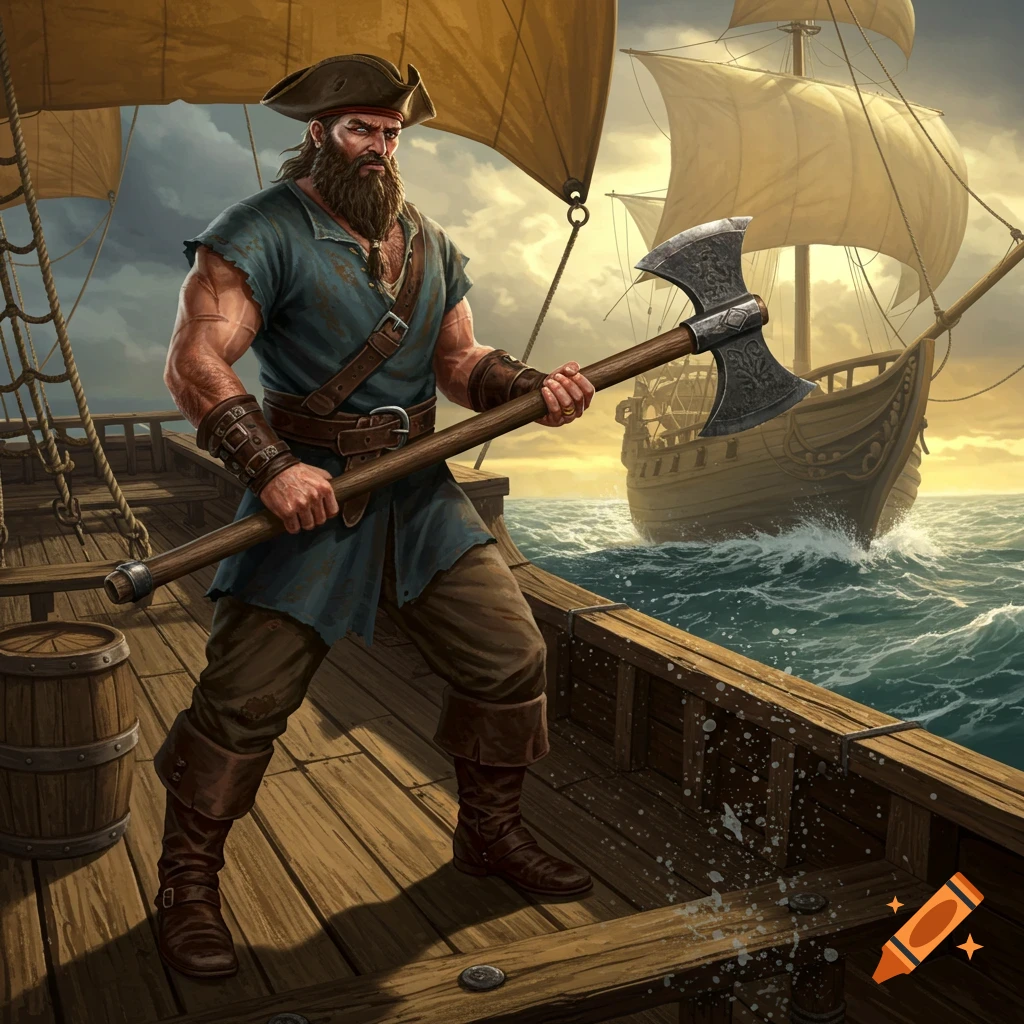 A muscular, bearded pirate in a tricorn hat holds a large axe on a ship deck, with another ship at sea at sunset. Illustrative.