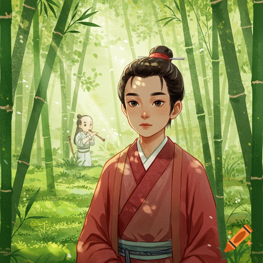 Illustration of an Asian boy in red robes standing in a sunlit bamboo forest, with another boy playing a flute in the background.