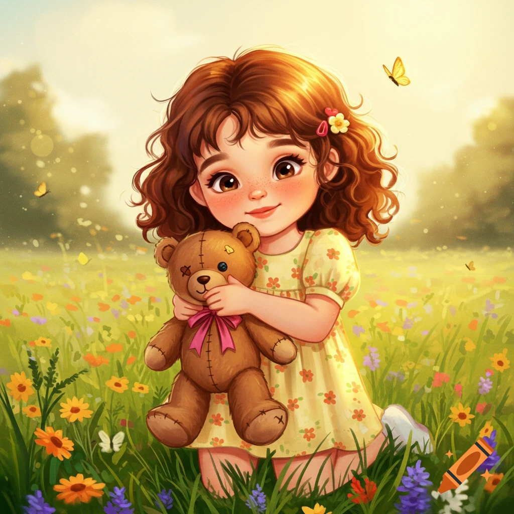 A cheerful cartoon girl with curly brown hair hugs a teddy bear in a vibrant field of colorful flowers with butterflies.