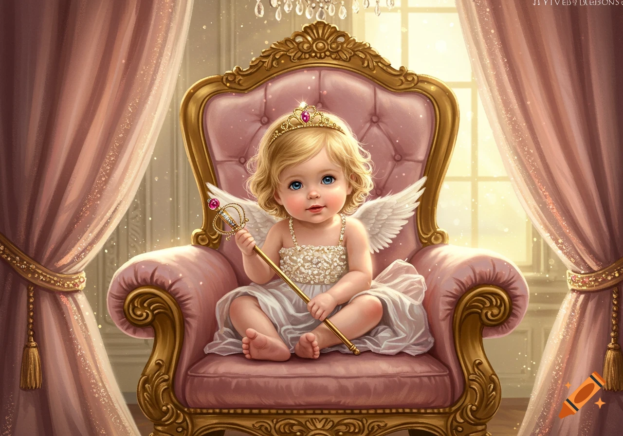 A blonde baby princess with angel wings and a crown sits on a pink and gold throne, holding a scepter, in a whimsical, sparkling room.