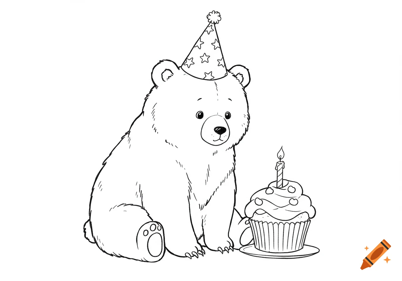 A line art drawing of a bear wearing a party hat next to a cupcake with a candle.