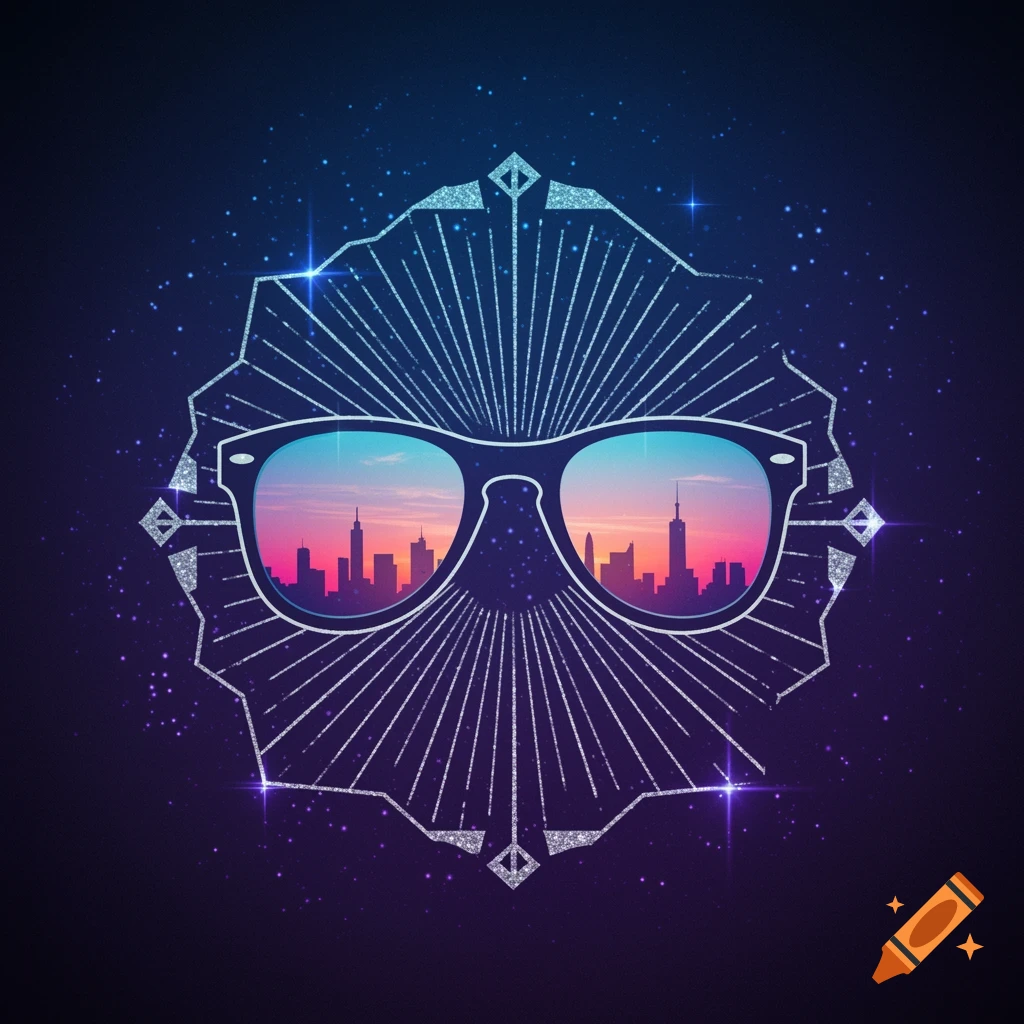 Stylized illustration of sunglasses reflecting a vibrant sunset cityscape, surrounded by a silver, star-studded geometric design.