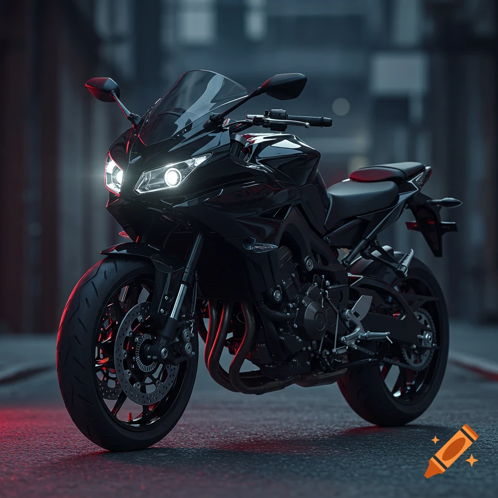 A black sports motorcycle with bright headlights sits on a dark, wet urban street, with red light reflections.