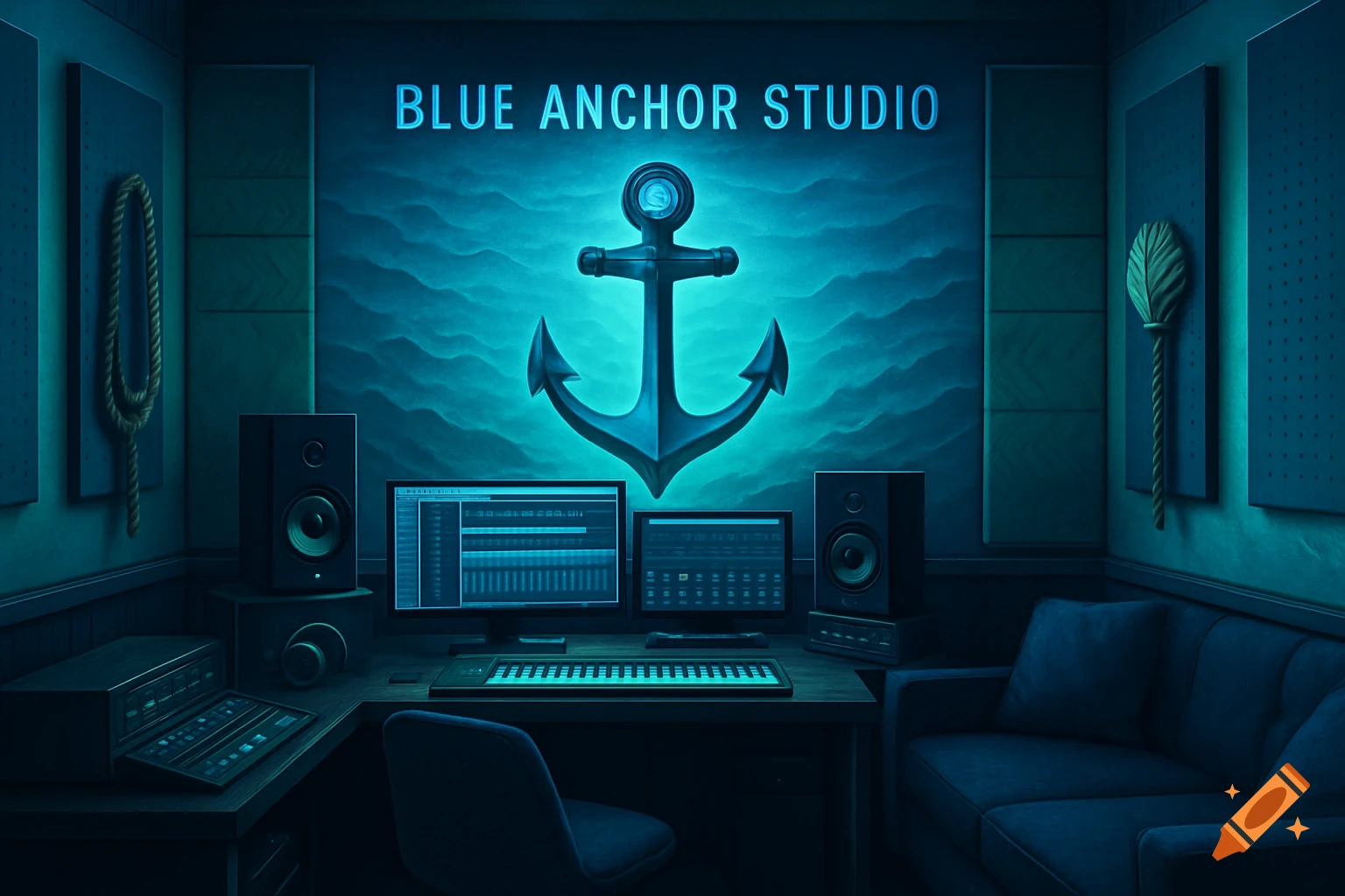 A blue-themed music recording studio with a desk, monitors, keyboard, speakers, and an anchor logo with text 'BLUE ANCHOR STUDIO' on the wall.