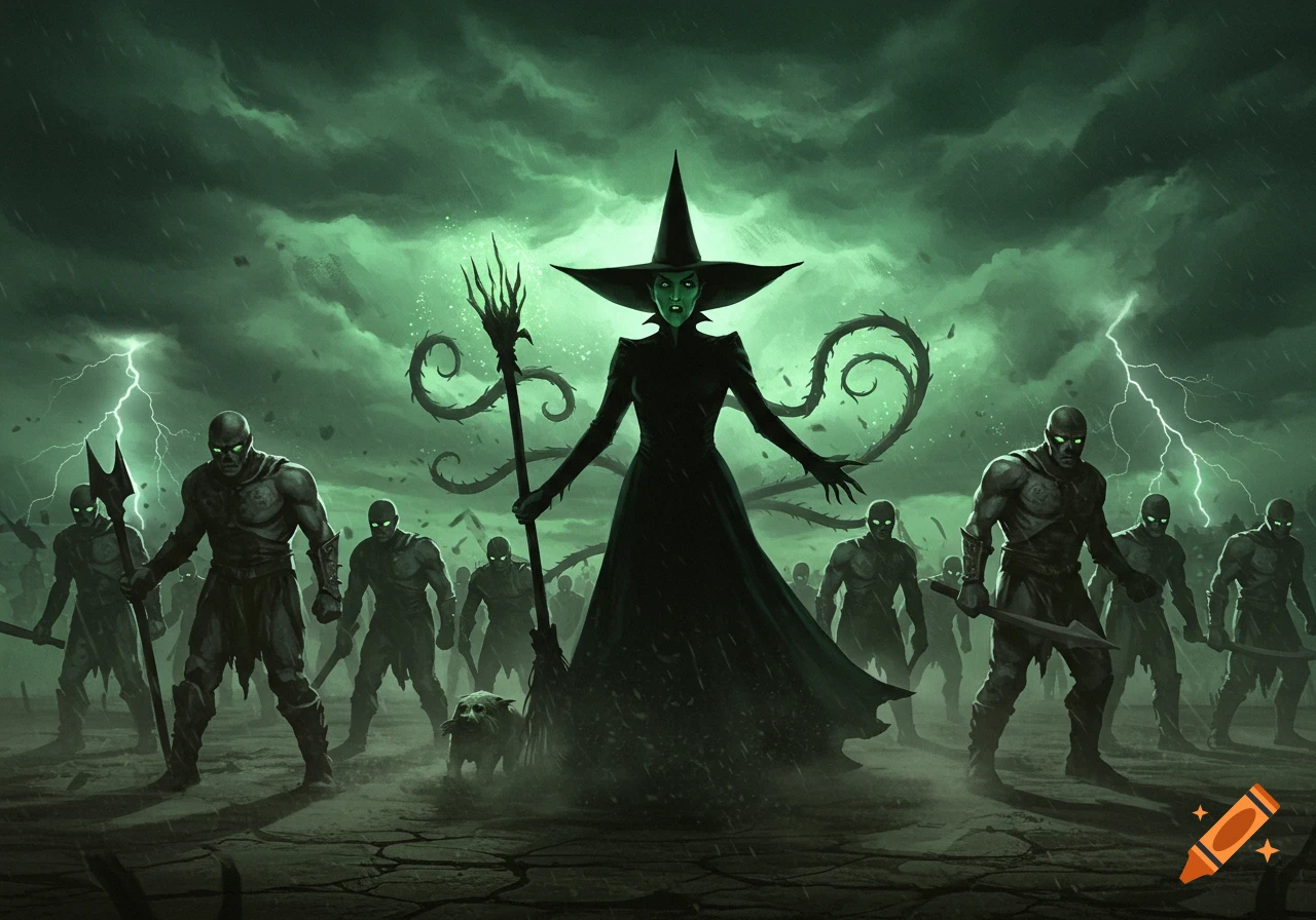 A green-skinned witch in a black hat and dress stands menacingly, surrounded by an army of hulking dark figures with glowing eyes, under a stormy green sky with lightning.
