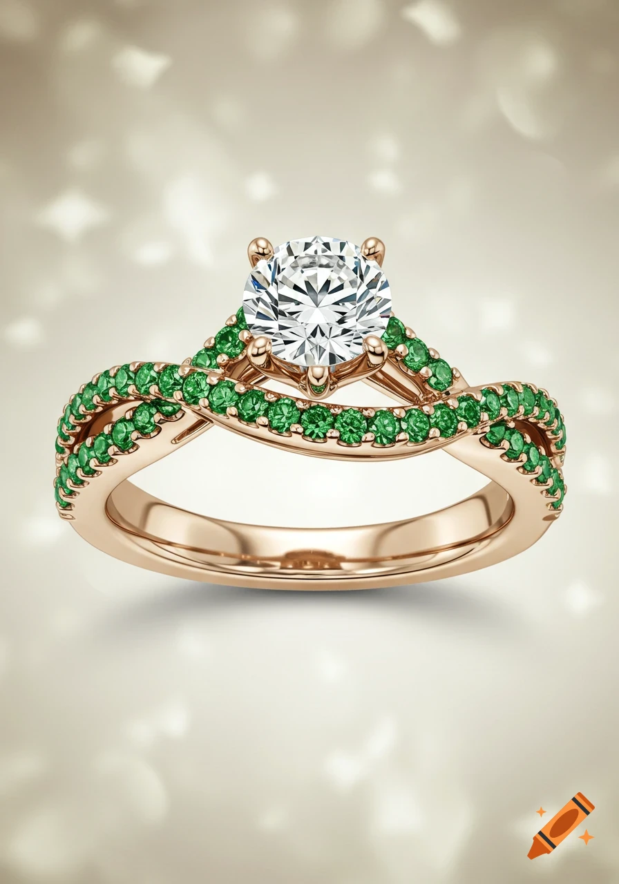 Close-up of a rose gold engagement ring with a round diamond and twisted bands set with small green emeralds, on a sparkling bokeh background.