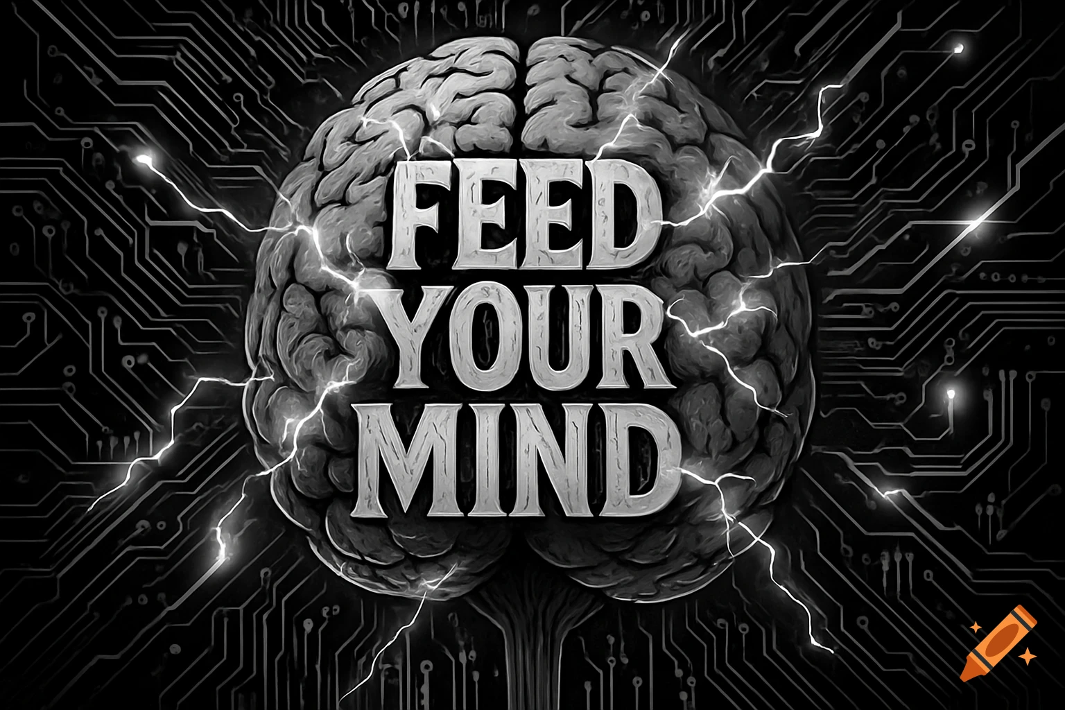 A black and white image of a brain with 'FEED YOUR MIND' on its surface, surrounded by electrical impulses and circuit board patterns.