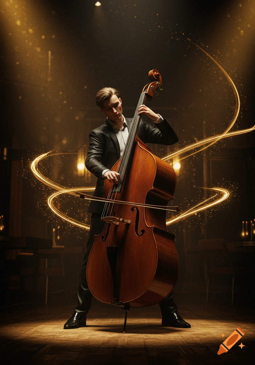 A photorealistic image of a man in a suit playing a double bass on a dark stage with golden light trails.