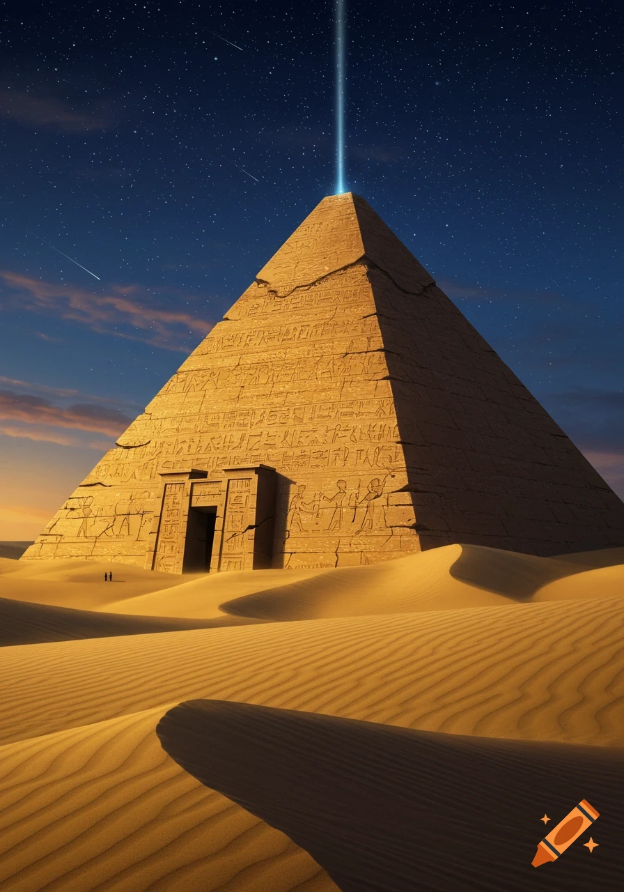 A grand pyramid with hieroglyphs in a vast desert under a starry sky, with a blue light beam shining from its top.