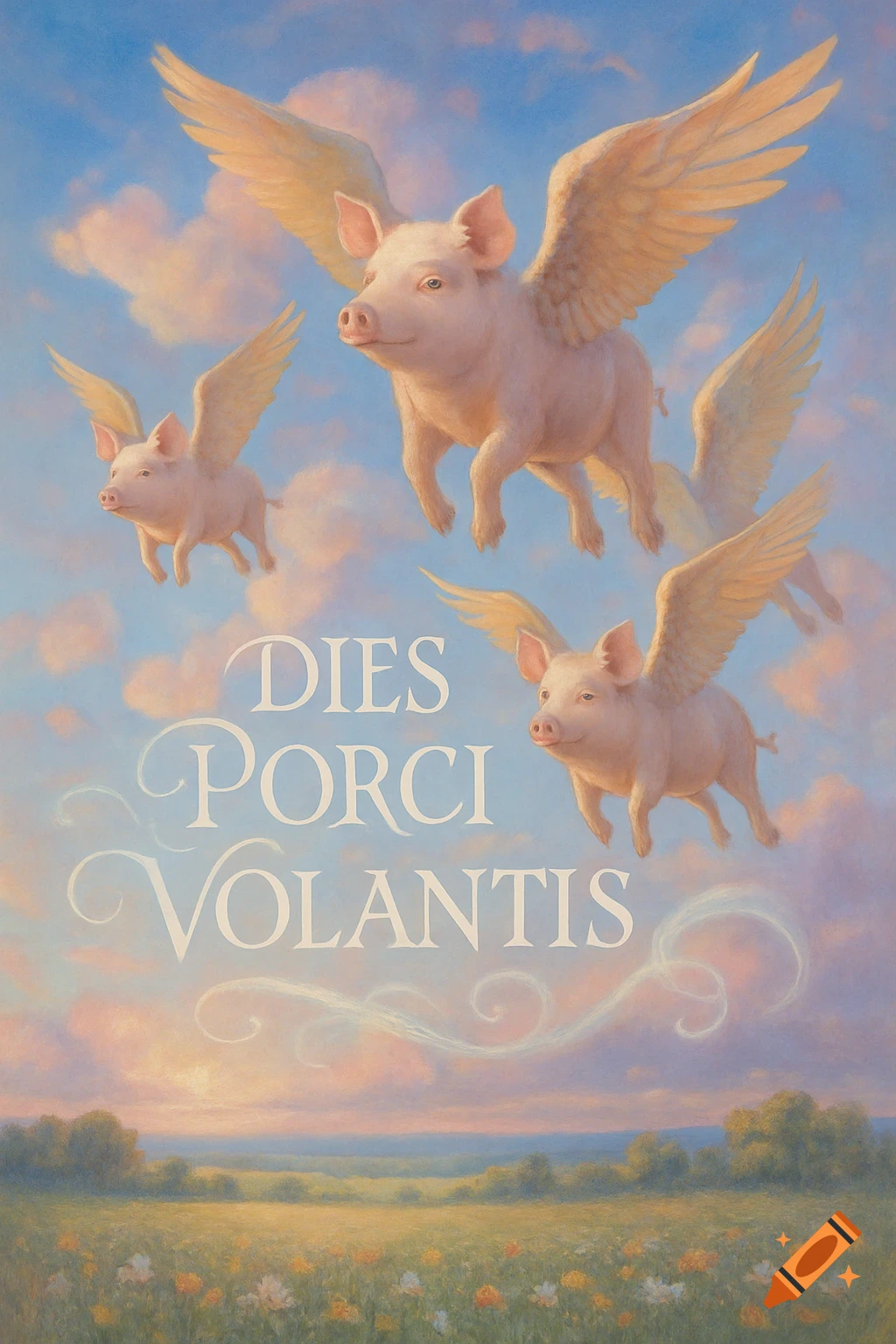 A painting of three pink pigs with large wings flying through a bright, cloudy sky above a green, flowery field. Latin text reads "DIES PORCI VOLANTIS" (Day of the Flying Pig).