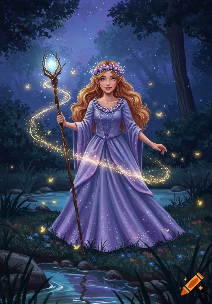 A magical girl with long blonde hair and a purple dress holds a glowing staff in a mystical forest at night, surrounded by fireflies.