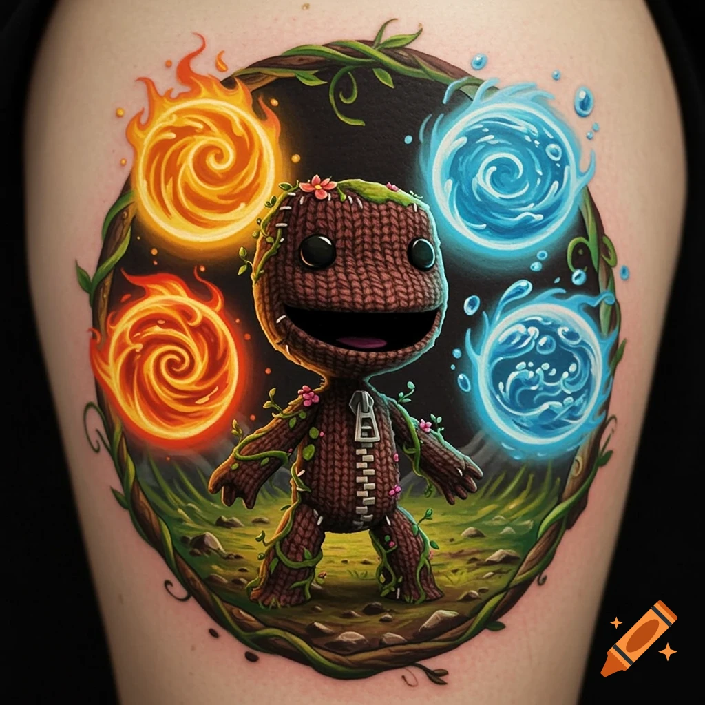 A colorful tattoo on skin features a Sackboy character surrounded by swirling elemental orbs of fire and water, with vines and leaves.