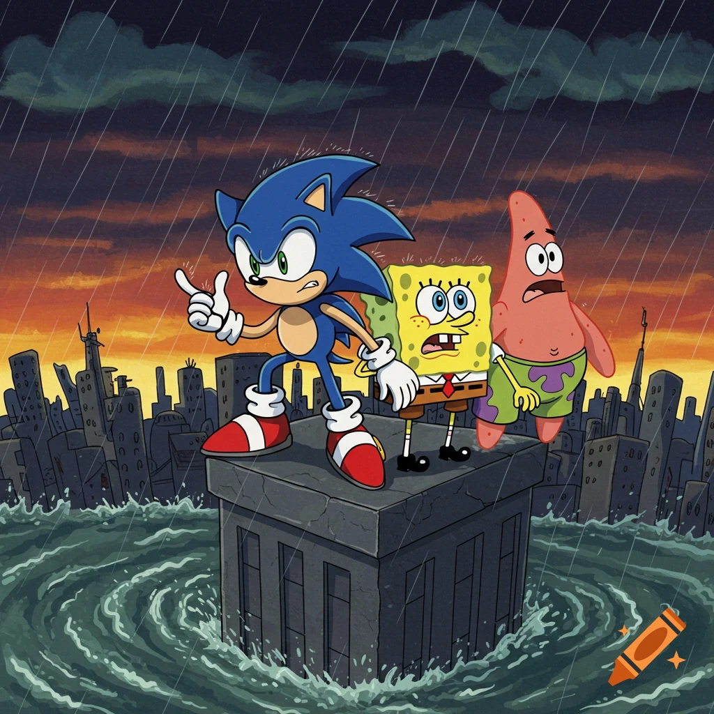 Cartoon of Sonic, SpongeBob, and Patrick standing on a building looking at a massive city flood under a stormy sky.
