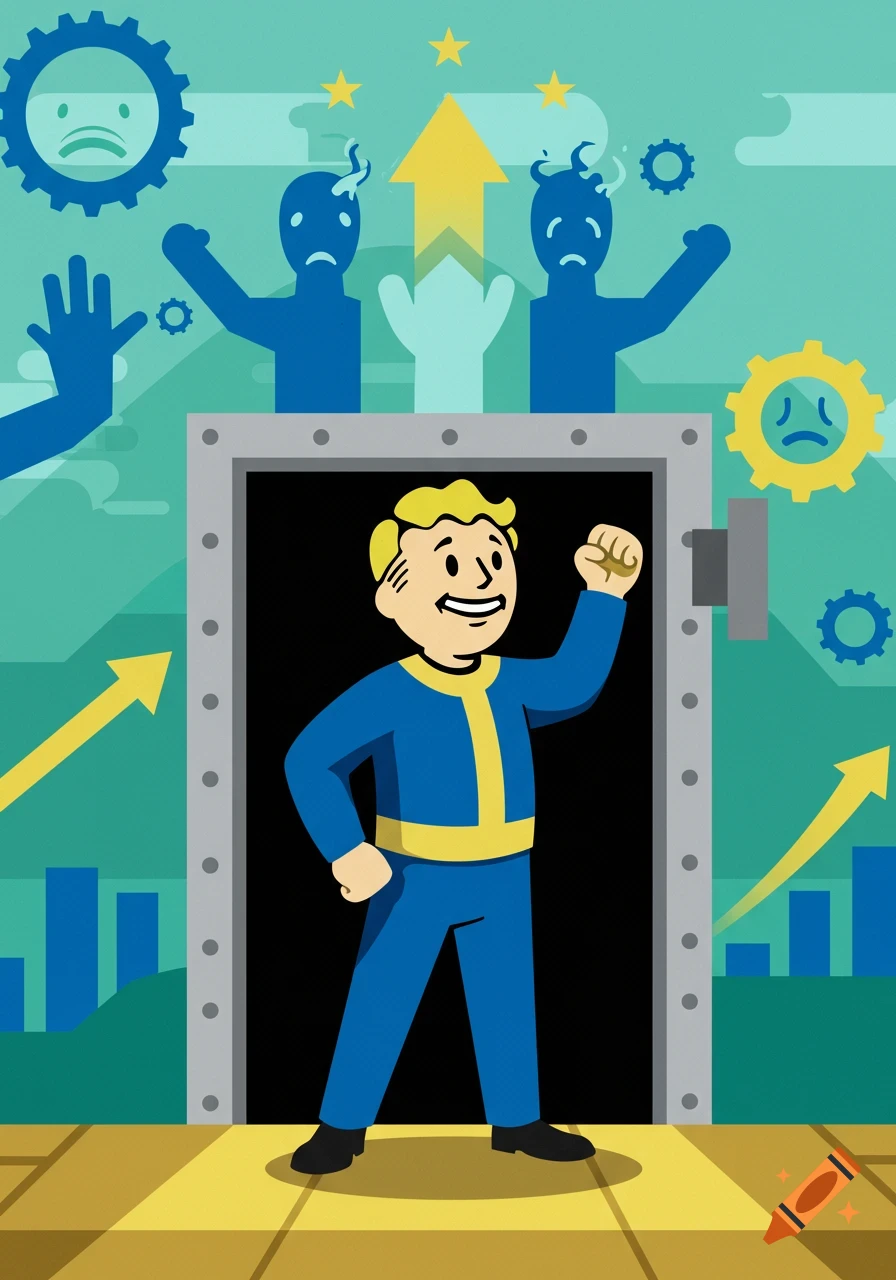 Vault Boy stands triumphantly in an open vault door as sad, blue figures recede behind him, a stylized illustration.
