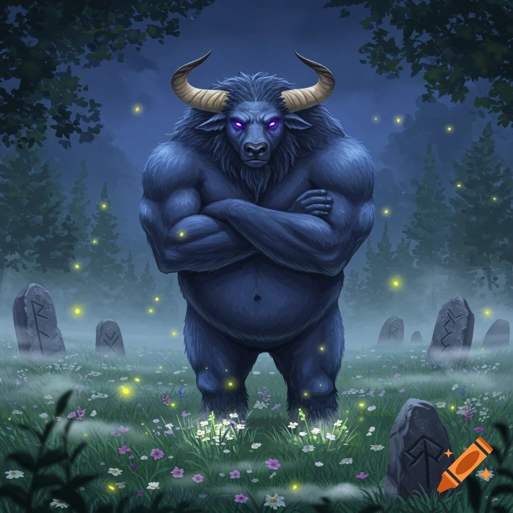 A blue minotaur with glowing purple eyes stands in a misty, moonlit field with wildflowers, fireflies, and ancient runestones.