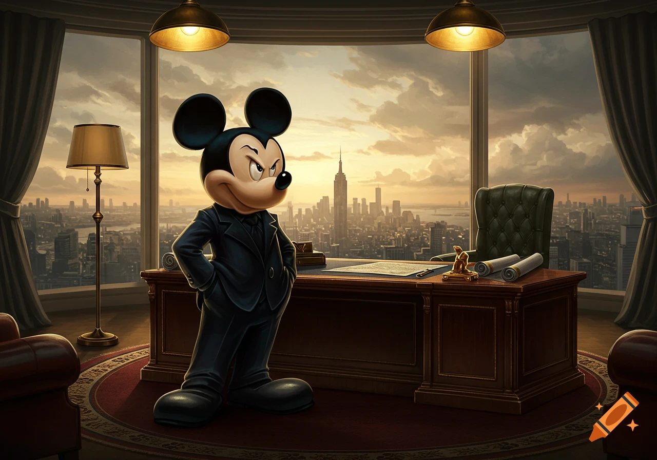 Mickey Mouse, dressed in a dark suit, stands in a large office with a menacing expression, overlooking a city skyline at sunset.