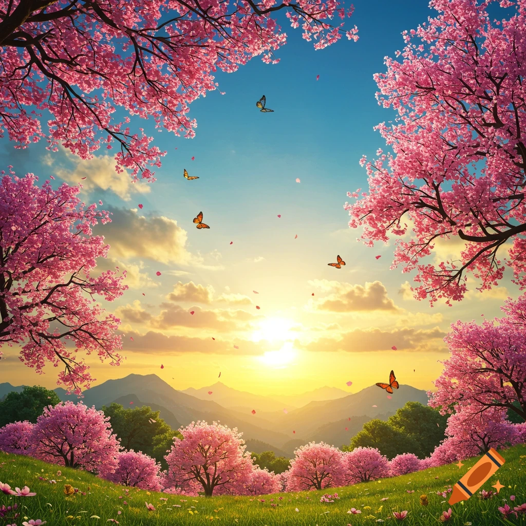 A vibrant landscape with pink cherry blossom trees framing a sunset over mountains, with butterflies and petals floating in the sky.