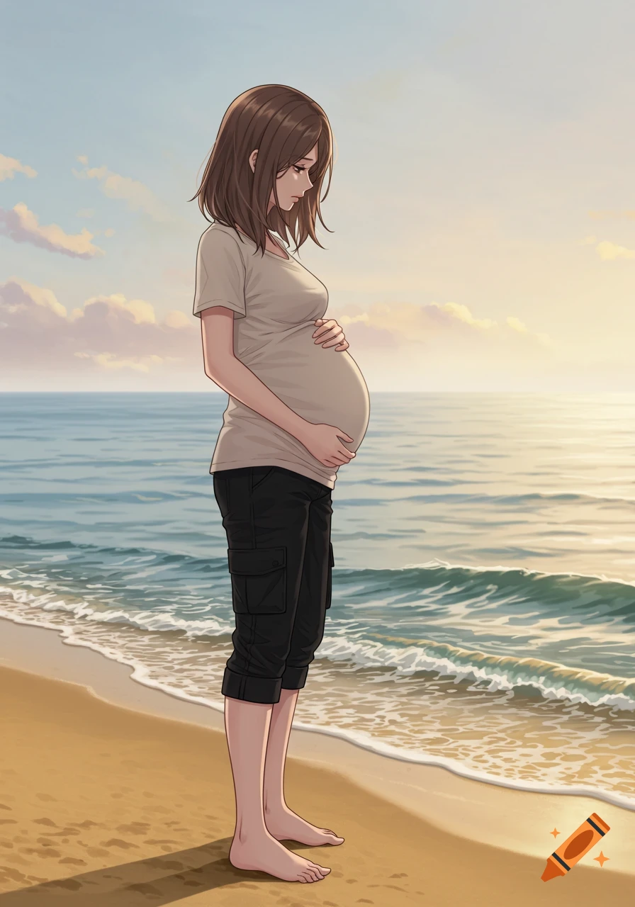 Anime-style pregnant woman with brown hair stands on a beach, holding her baby bump, with the ocean and sunset sky in the background.