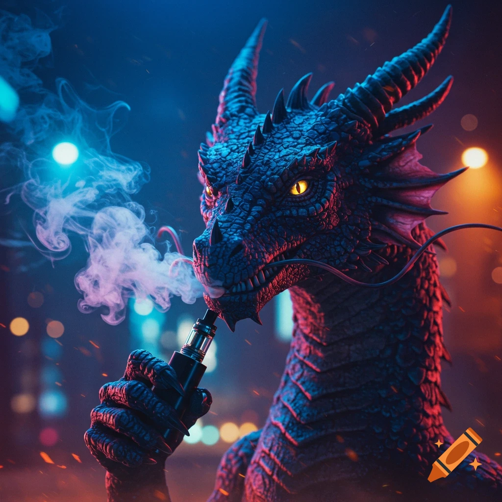 A close-up digital art image of a blue dragon with yellow eyes smoking a vape in a neon-lit, blurred city background.