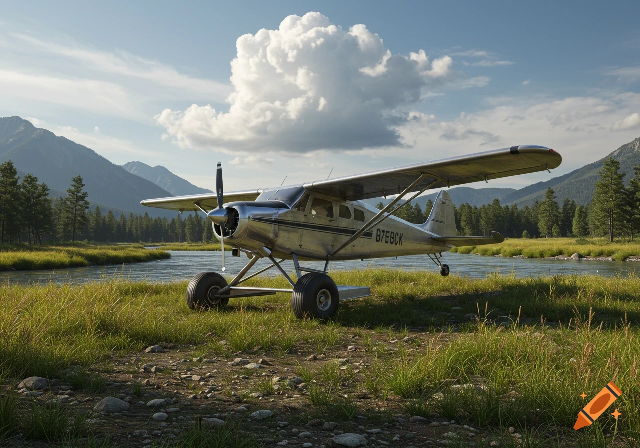A photorealistic bush plane with large tires sits on a grassy riverbank, with a river, mountains, and trees in the background under a blue sky.