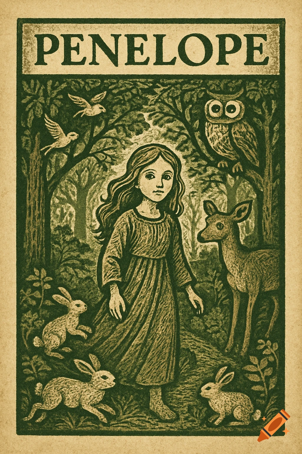 Block print storybook cover of a girl in a dark green forest with rabbits, a deer, an owl, and birds, titled 'PENELOPE'.