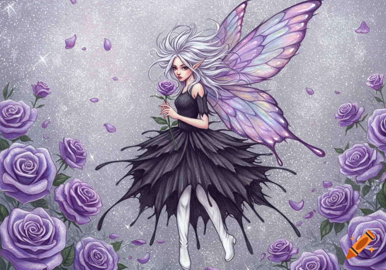 A color pencil sketch of a fairy girl with white hair, purple wings, black dress, and white boots, holding a lavender rose amidst purple roses and silver glitter.