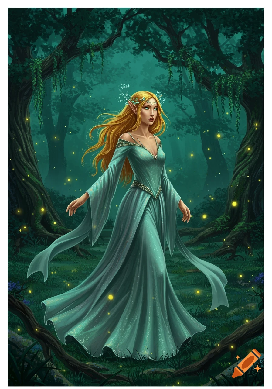 A blonde elf in a teal dress walks through a glowing, enchanted forest.
