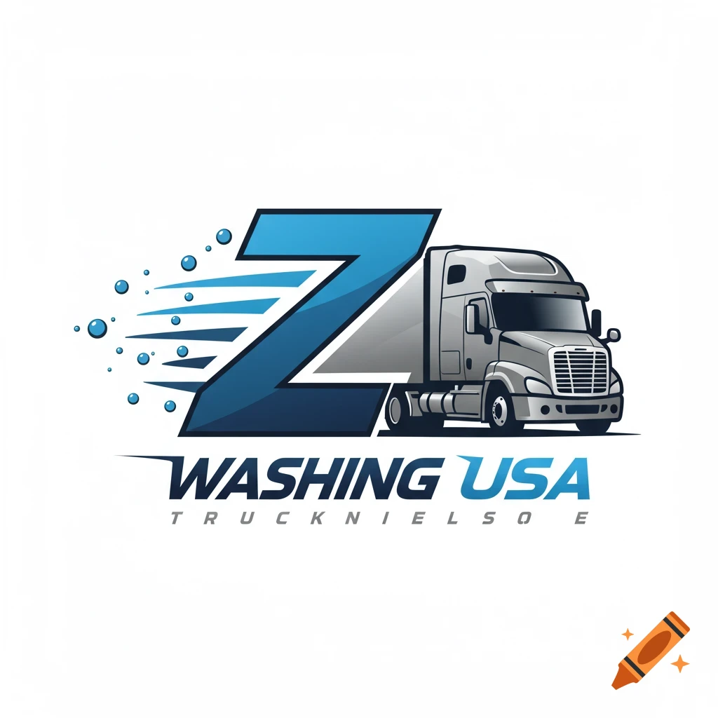 A modern logo for Z Washing USA features a large blue stylized letter Z with speed lines and water bubbles, next to a silver semi-truck.