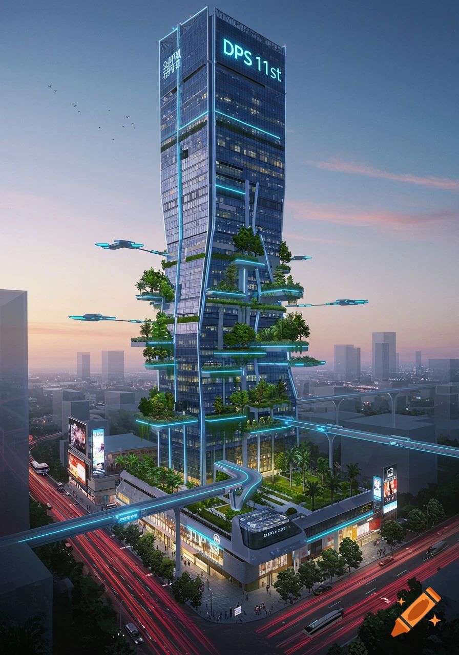 A tall, futuristic skyscraper with blue neon lights and green terraced gardens, surrounded by a busy cityscape with elevated roads.