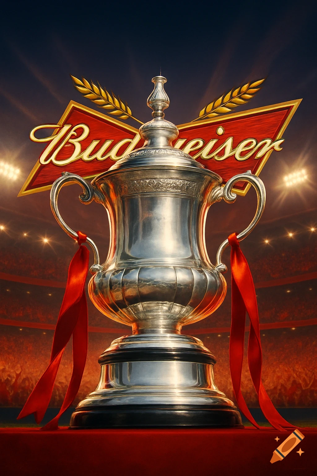 A large silver trophy with red ribbons sits on a red platform in a stadium, with a golden 'Budweiser' logo above it.