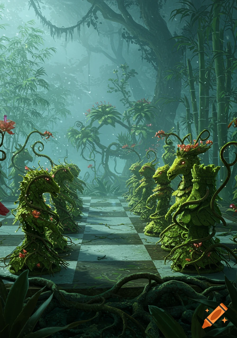 A fantasy chessboard in a misty jungle, with moss-covered plant-like chess pieces.