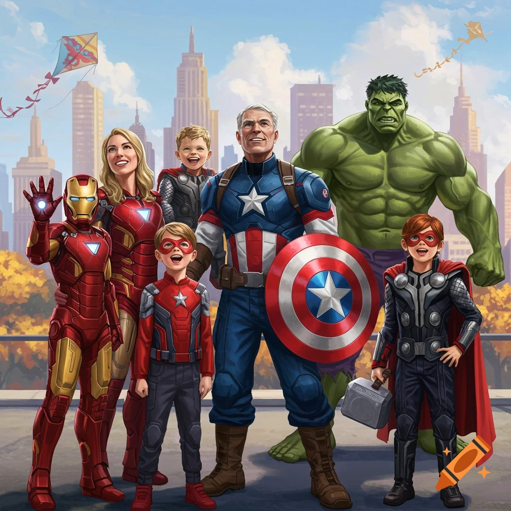 An illustrated family dressed as Marvel Avengers characters stands outdoors in a city with autumn trees. Includes Iron Man, Captain America, Hulk, and two superhero children.