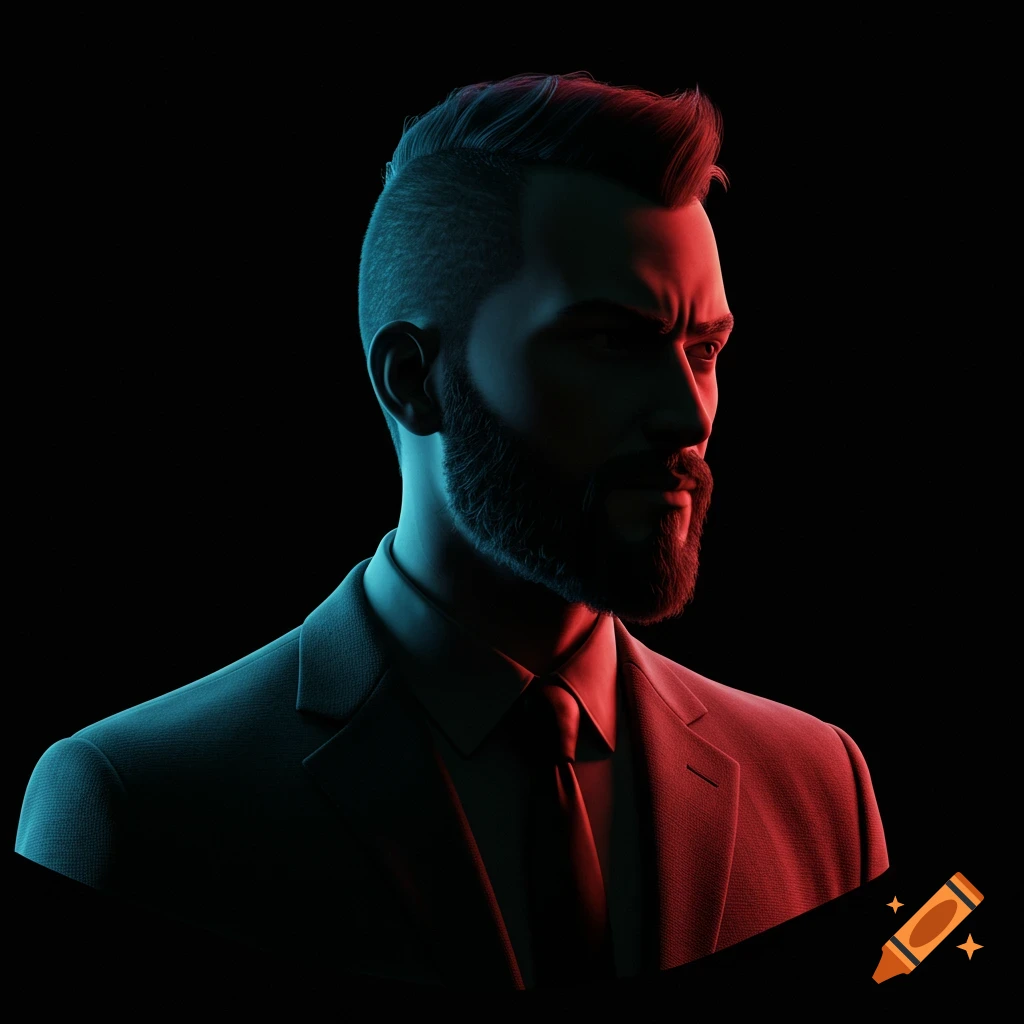 Stylized portrait of a man with a beard and mohawk in a suit, illuminated by red and blue lights on a black background.