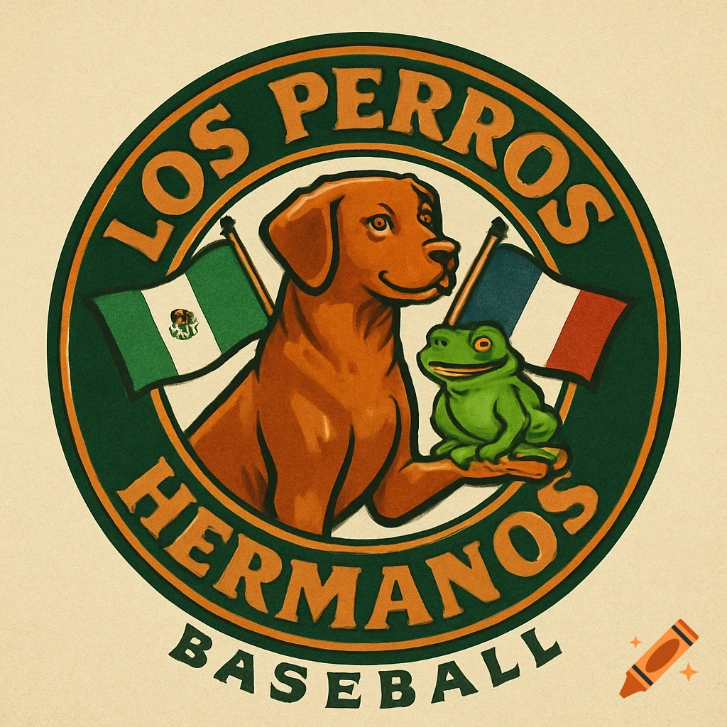 A 70s style baseball logo with a brown dog, a green frog on its paw, and crossed Mexican and French flags behind. Text says "Los Perros Hermanos Baseball".