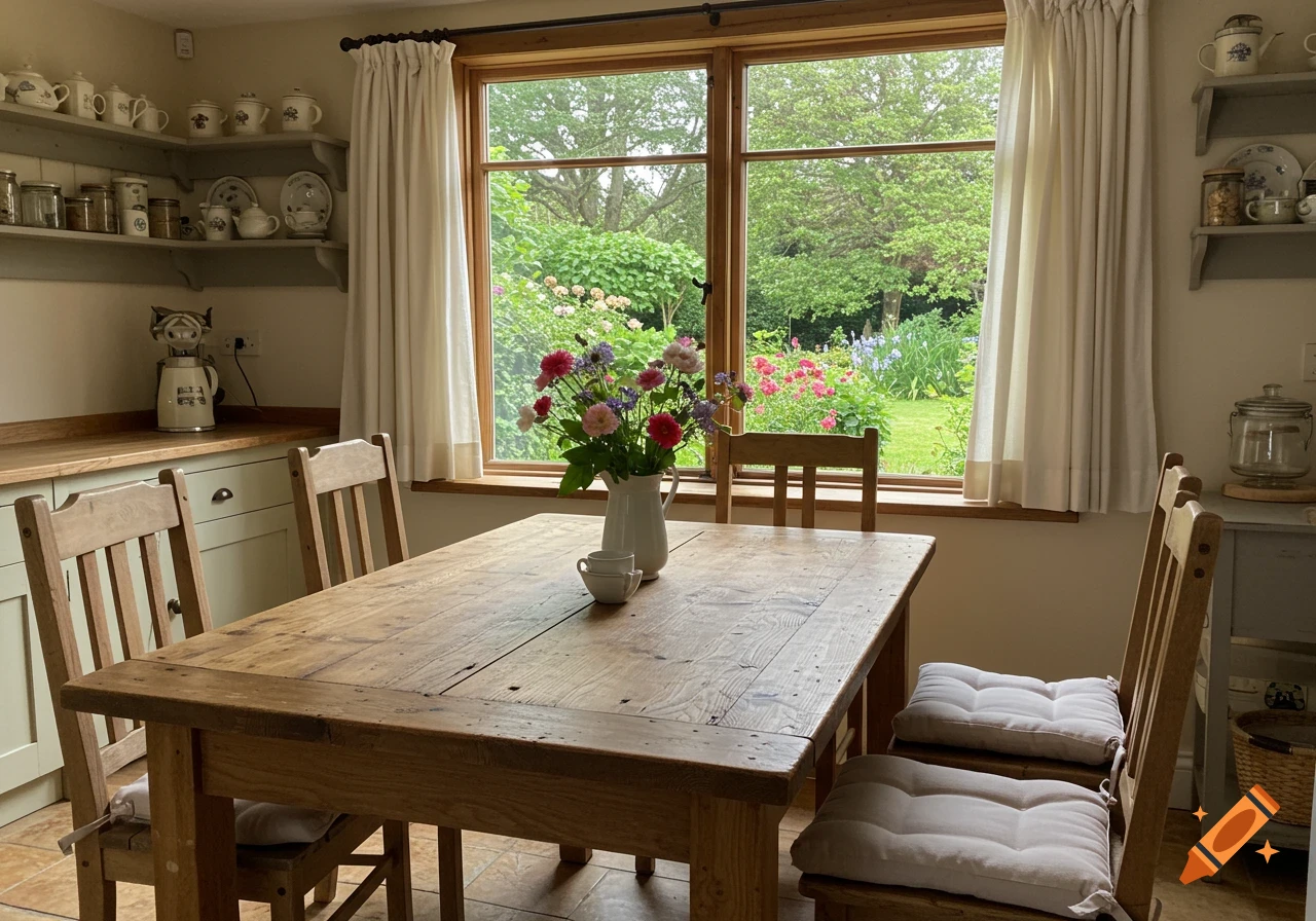 A cozy cottage kitchen with a rustic wooden dining table and chairs, a vase of colorful flowers, and a large window looking out onto a vibrant green garden.