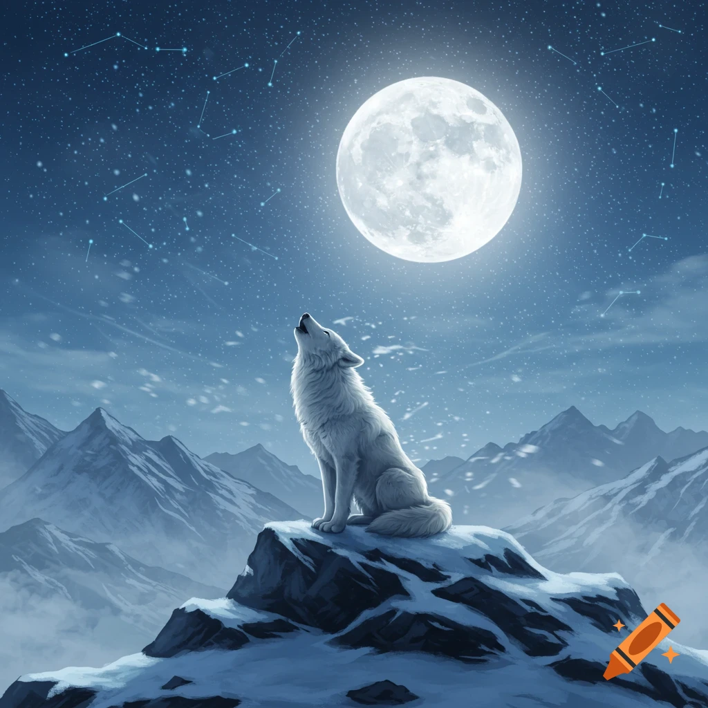A white wolf howls on a snowy mountain peak under a large full moon and starry sky with constellations.