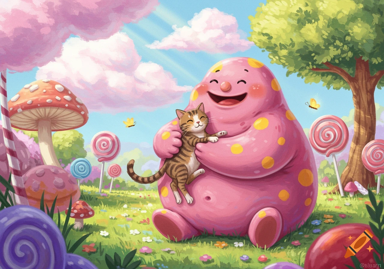 A happy pink blob-like creature with yellow spots hugs a tabby cat in a whimsical candy land with lollipops and mushroom houses.
