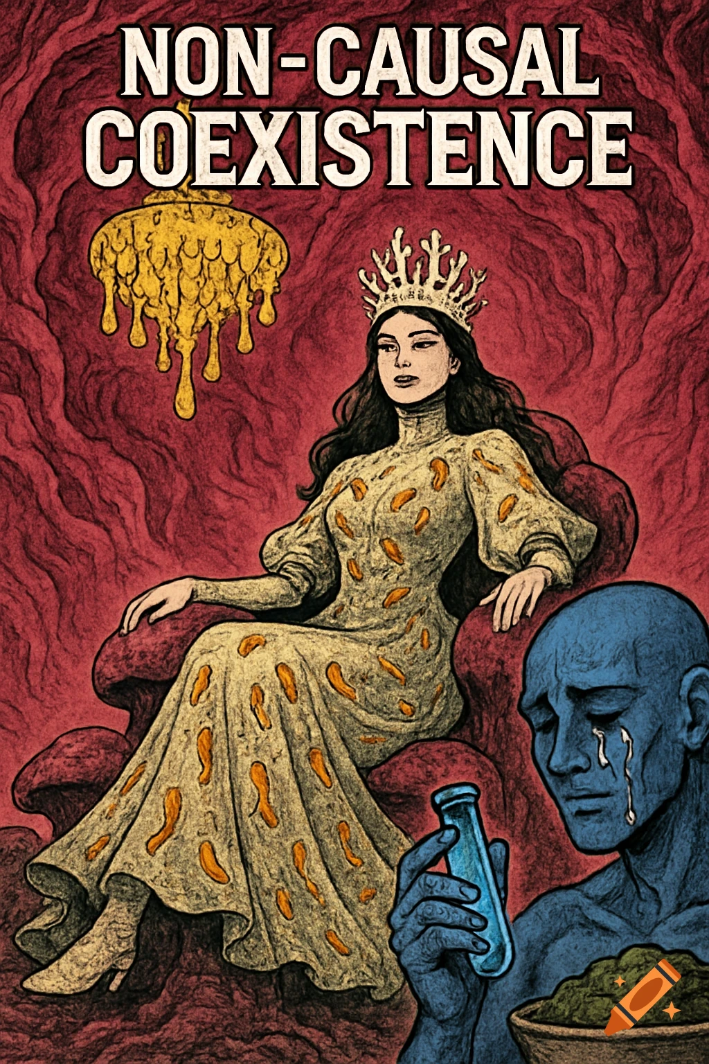 A queen on a fungal throne with a crying blue man holding a vial, under the text 'NON-CAUSAL COEXISTENCE', in a stylized, gritty comic art style.