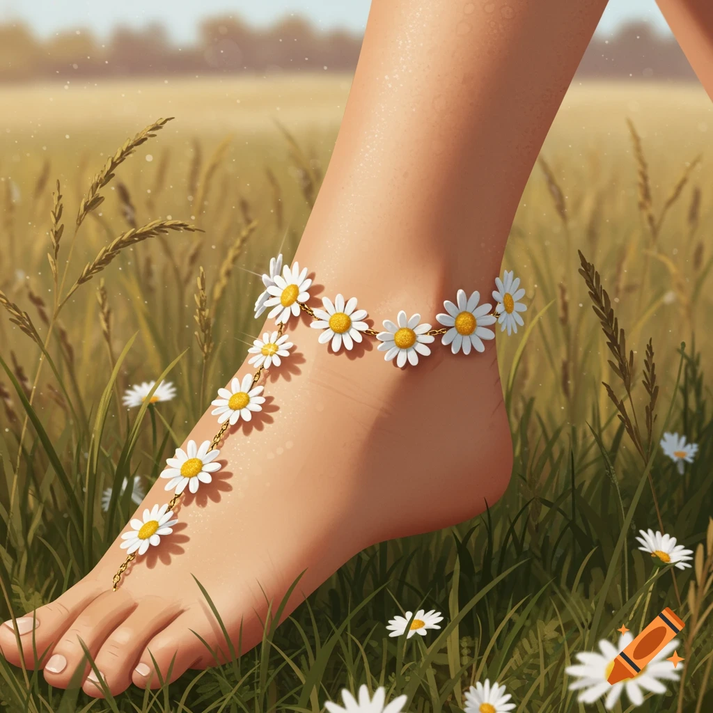 A close-up of a human foot adorned with a daisy chain anklet, walking through a sunlit field of tall grass and wildflowers.